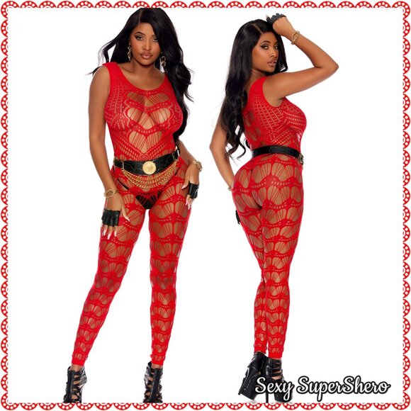 🆕❤️Red Sultry Crochet Bodycon Lingerie Open Crotch Bodystocking - Picture 1 of 5